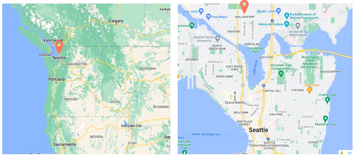 Two maps. On the left, a map of the United States Pacific Northwest with a pin in Seattle; on the right a map of Seattle with a pin in Wallingford