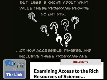 Black background with white illustrated question marks in the center, and all caps handwritten text reading "But lees is known about what value these programs provide scientists…or how accessible, diverse, and inclusive these programs are."